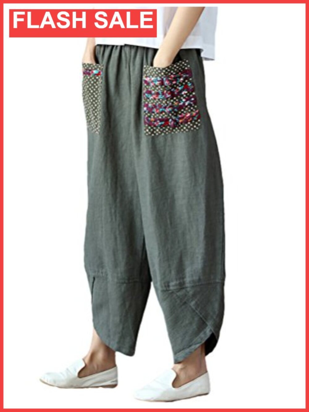Linen Wide Leg Harem Pants Casual Loose Elastic Waist Pull On Ankle